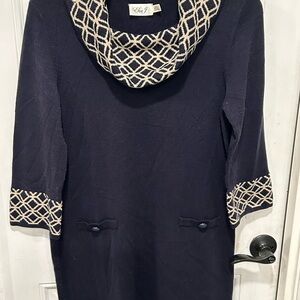 Eliza J Black Sweater Dress Cowl Collar Faux Pockets Size L, back to school